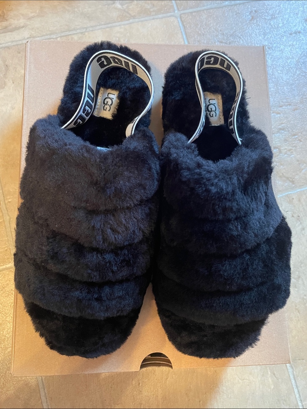 UGG Black Plush Slide Slippers with Branded Elastic Heel